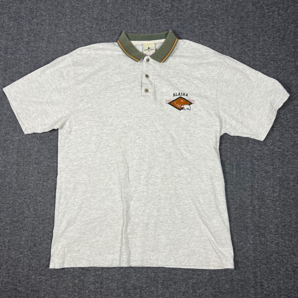 Vintage Alaska Vacation Polo Shirt Mens Large Grey Single Stitch Polar Bear